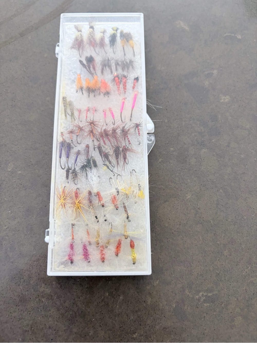 Assorted vintage Fly Fishing Flies in Clear Storage Box